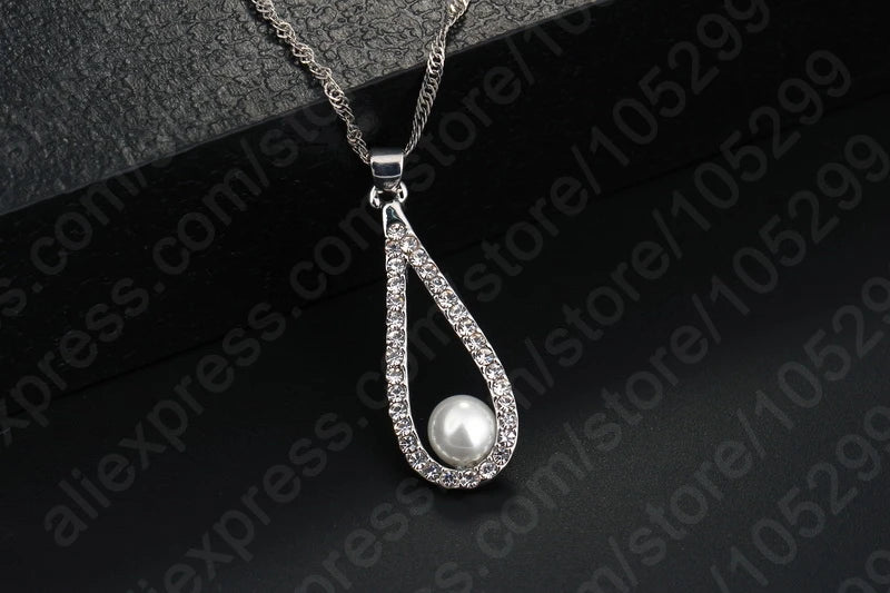 Fine 925 Sterling Silver Jewelry Sets Shiny Zircon Water Drop Pearl Pendant Necklaces Earring Set for Woman Wedding Gift