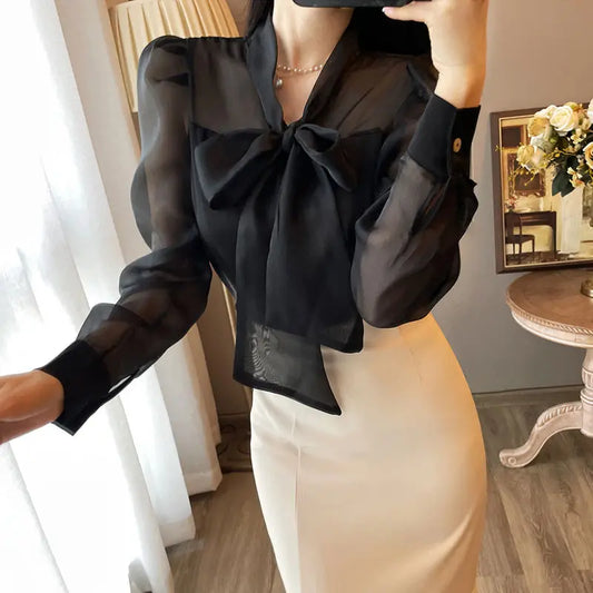 Women Clothing Temperament Chiffon Bow Lacing Thin Shirt Tops Spring Summer New Long Sleeve Solid Elegant Blouse Sexy Fashion