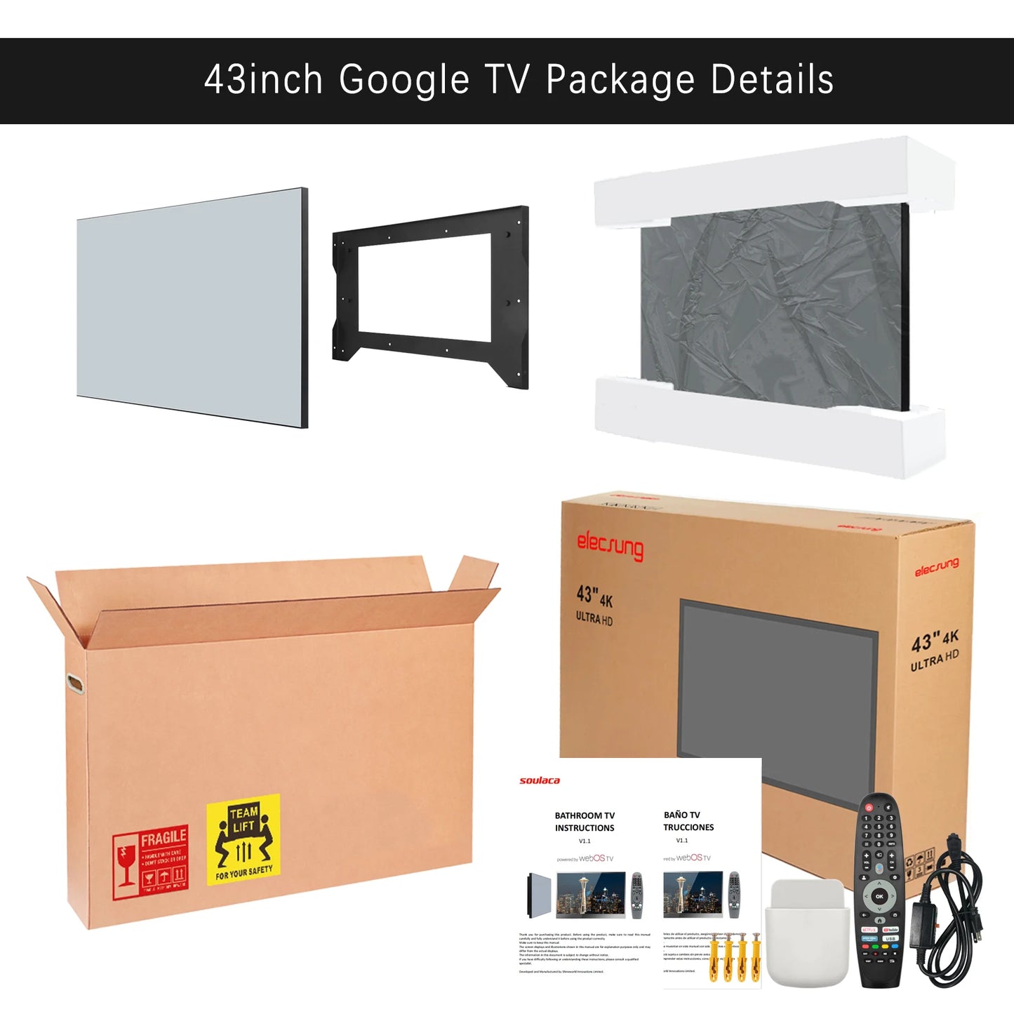 Soulaca 43inch Mirror TV Large Smart 4K Screen Vanishing IPX6 Waterproof for Bathroom SPA Google System WiFi Bluetooth