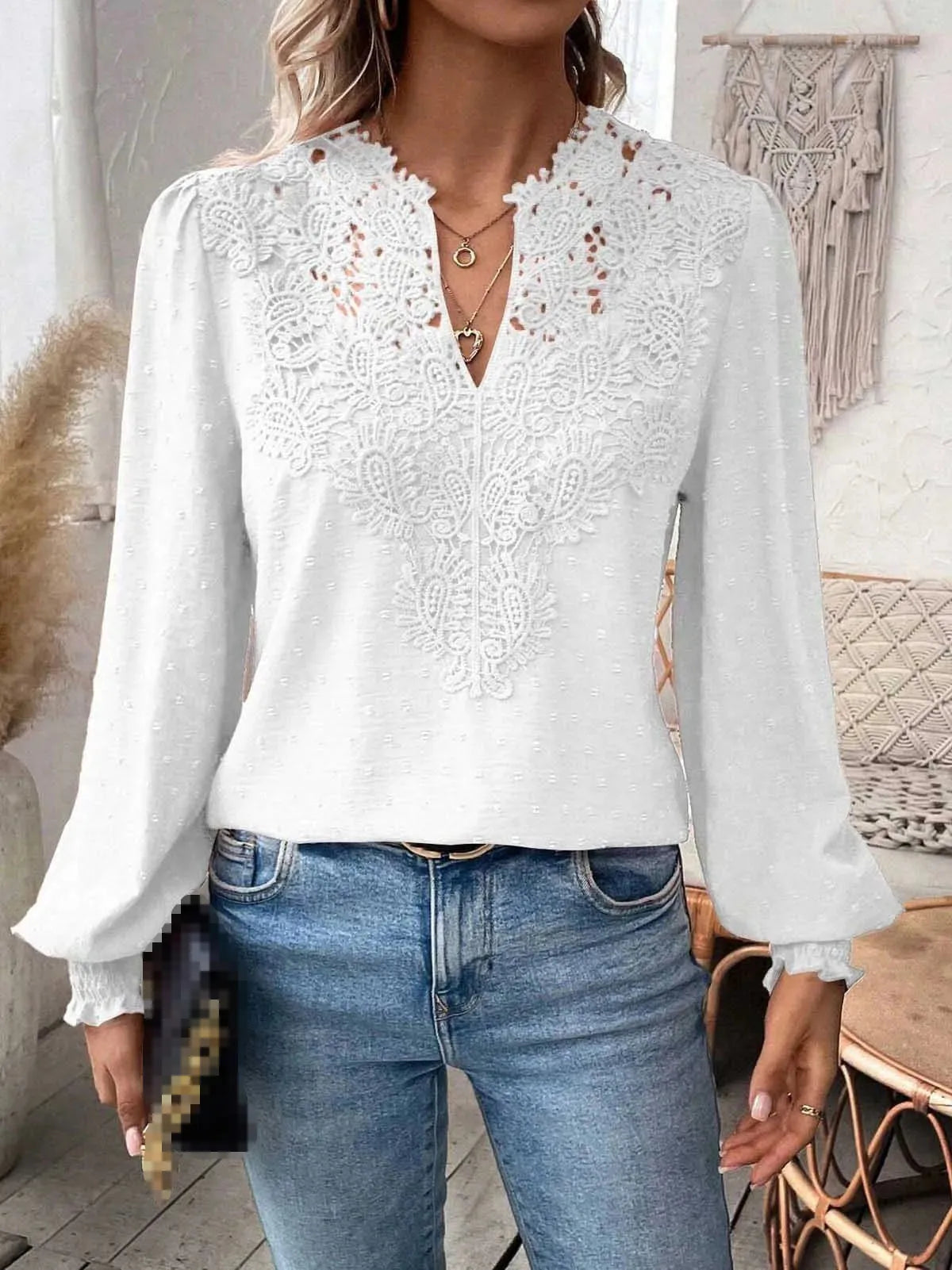 2024 Autumn Women's Clothing New Sexy V-neck Fashionable Lace Patchwork Solid Color Shirt Long Sleeved Shirt Women's Clothing