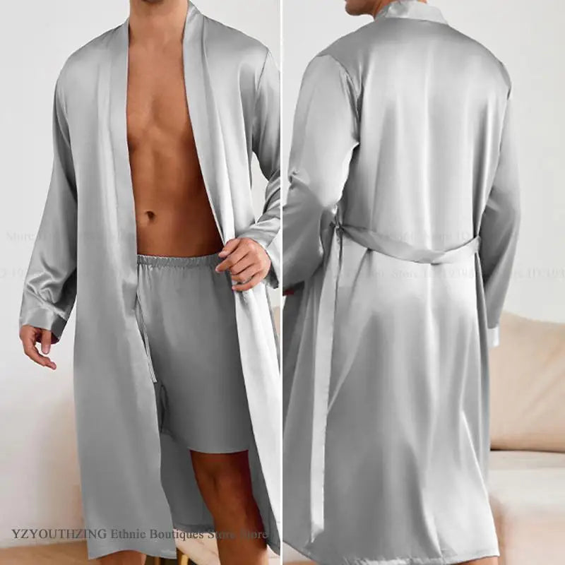 Men's Long Robe Pajama 2-Piece Set Silk Satin Kimono Bathrobe Gown Home Clothing Loose Casual Pijamas Suit Loungewear Sleepwear