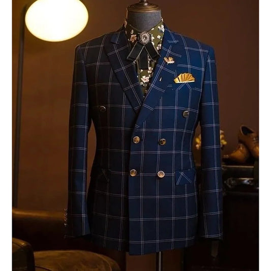 Men Plaid Suit Luxury Wedding Party Tuxedo 2 Pieces Jacket Pants Business Formal Occasion Male Clothing