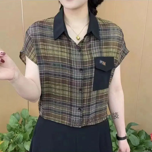 Women's Clothing Vintage Plaid Shirt Contrasting Colors Fashion Pockets Summer Commute Single-breasted Lapel Patchwork Blouse