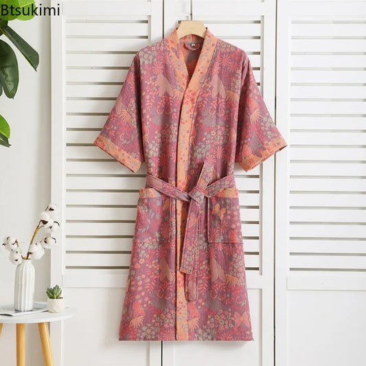 New 100% Cotton Lady's Bathroom Robe Printed Nightgown Style Pure Cotton Double-Layer Gauze Comfortable Dressing Gown for Women