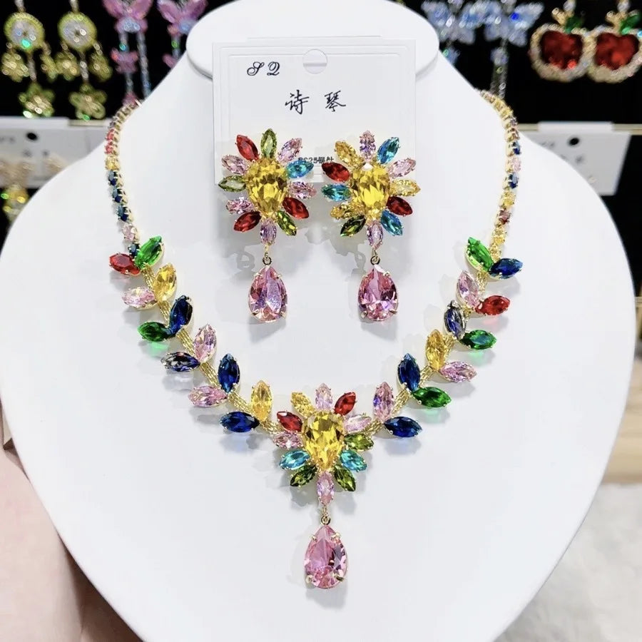 Women Rainbow Gemstone Necklace 18K Gold Plated Waterdrop Zirconia Earrings 2024
