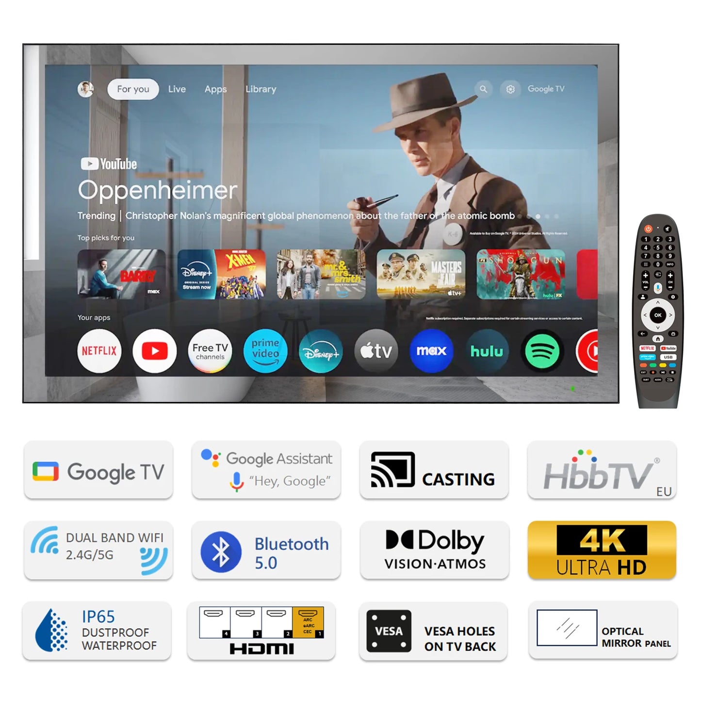 Soulaca Large Smart 4K Screen 43inch Bathroom Mirror TV Vanishing IPX6 Waterproof for Bathroom SPA Google System WiFi Bluetooth