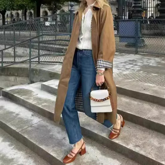 Women's clothing Long style Buttons Coat Outerwear New style Turn-down collar Loose fit Chic Commuter Trench coat Fashionable