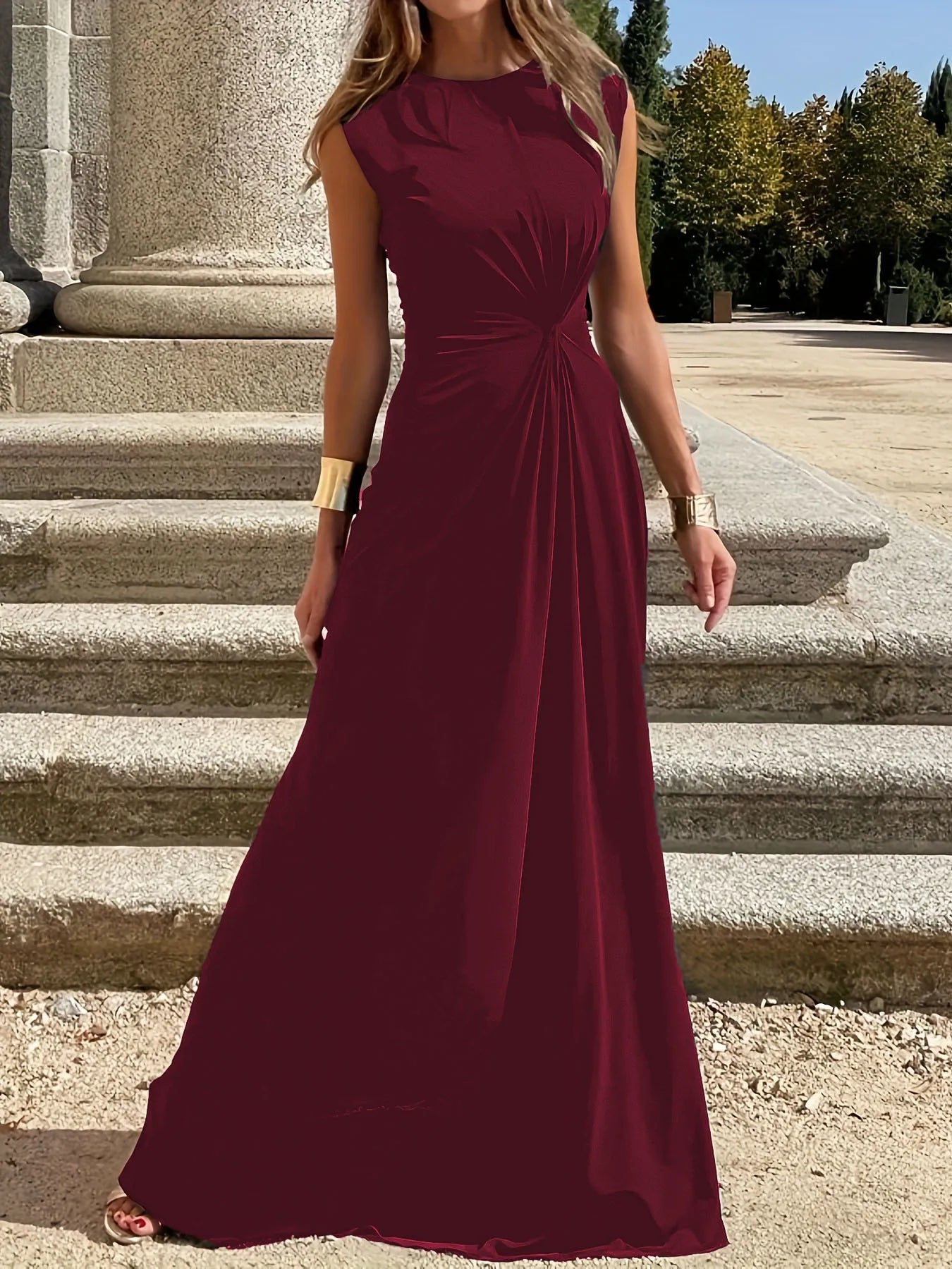 Women's clothing long dress fashionable casual outdoor temperament commuting waist cinching elegant round neck dress