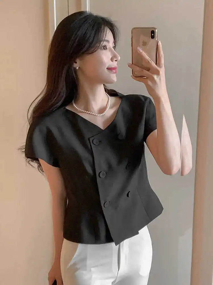 Clothland Women Stylish White Black Blouse Double Breasted Short Sleeve V Neck Shirt Office Wear Tops Mujer DA597