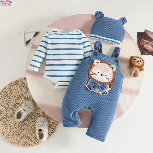 New Born Baby Clothes 0-18M Baby Boy Girls 3Pcs Outfit Sets Striped Cotton Bodysuit and Corduroy Cartoon Overalls Hat Daily Wear
