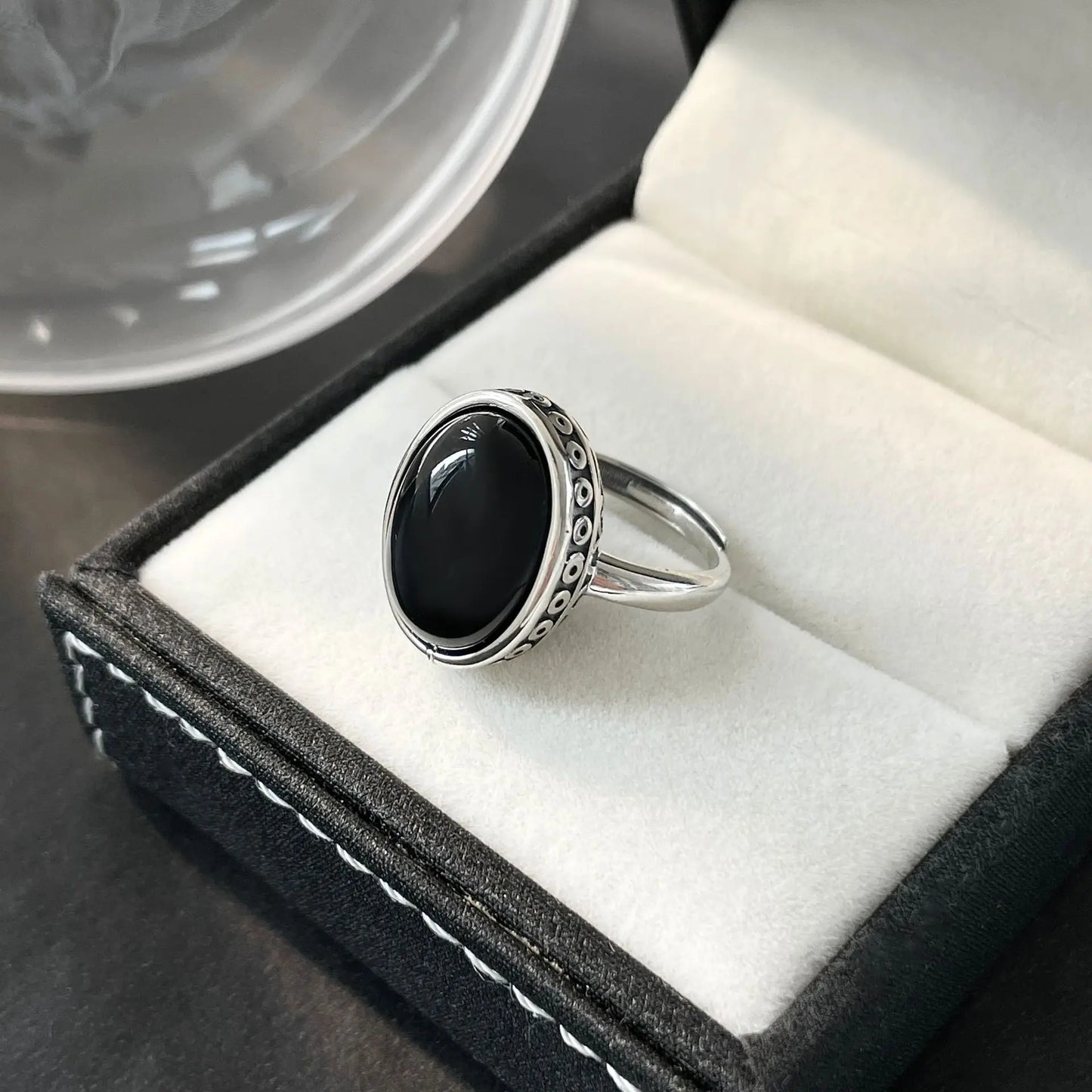 S925 Sterling Silver Woman Rings with Onyx Black Gemstone Vintage Luxury Adjustable Fine Jewelry Rings for Women