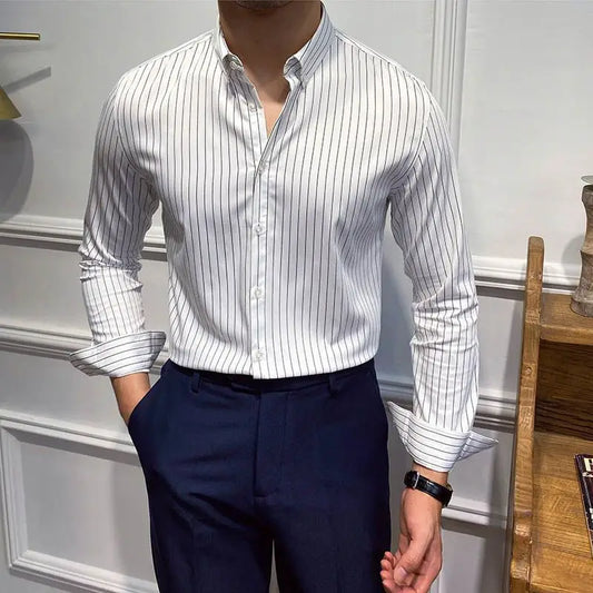 Men's Clothing Fashion British Style Striped Business Casual All Match Shirt Long Sleeve Slim No Ironing Tops Camisas De Hombre