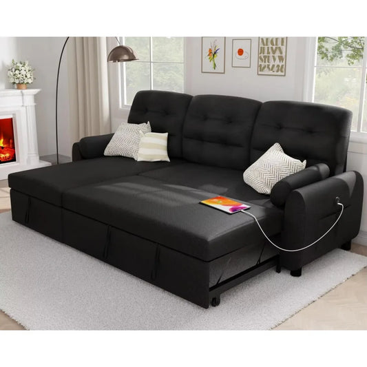 Living Room Sofa, Sectional Sofas, 87" Sleeper Sofa Bed with Side Pocket&Charging Station,Removable Backrest, Living Room Sofa