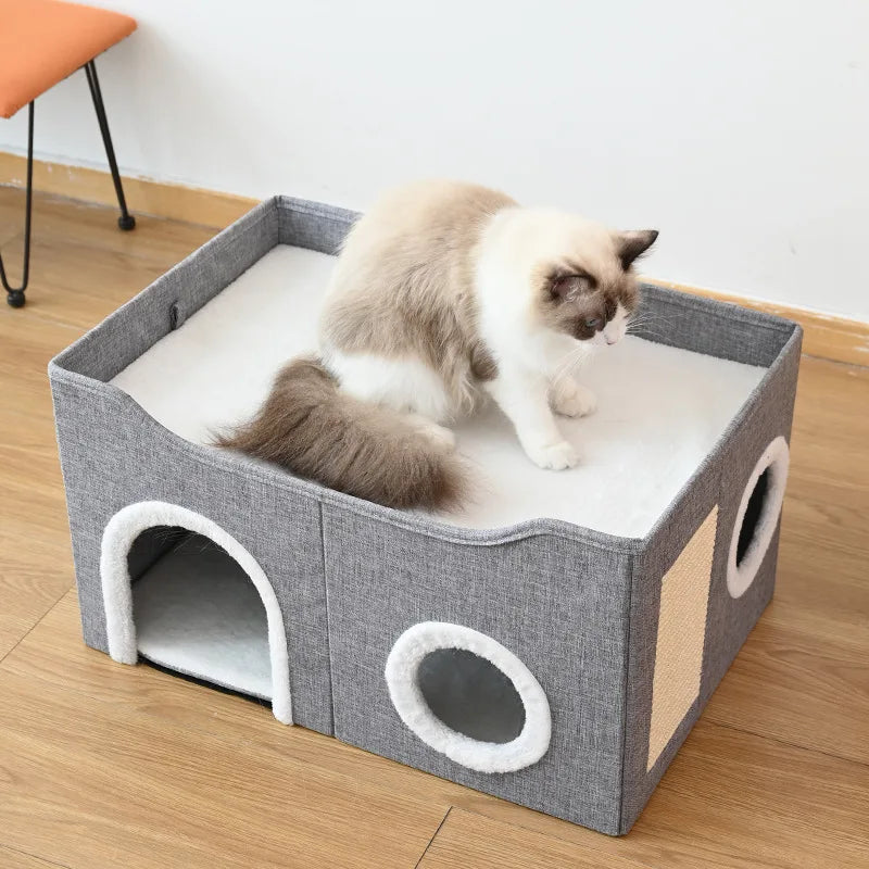 Luxury Cat Tree Bed with Scratching Post - Dual-Level 4-Season Pet Furniture, Organic Bamboo Base & Orthopedic Cushion