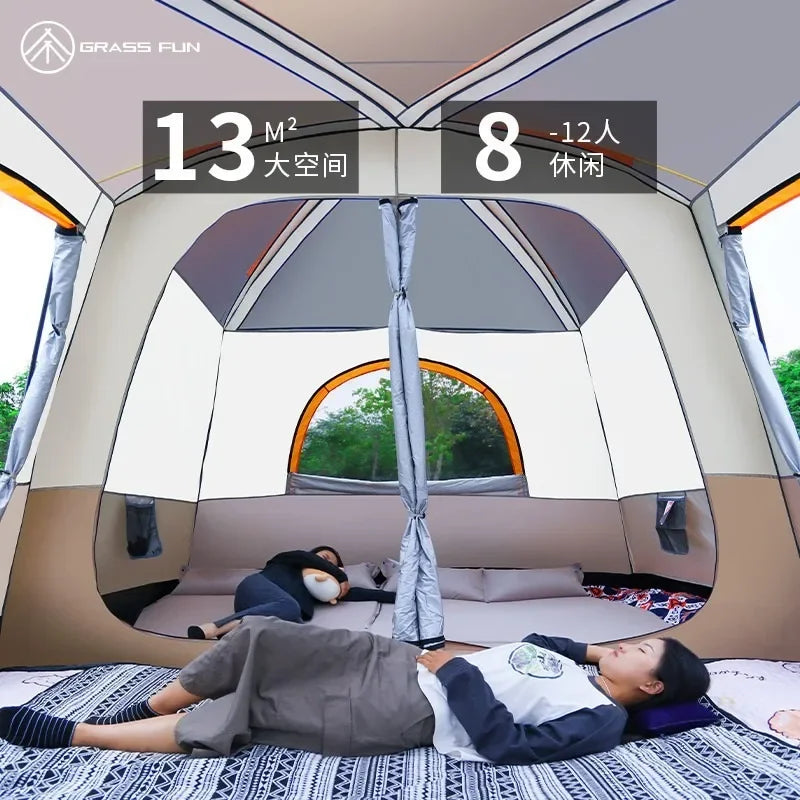 Outdoor Thick Rainproof Camping Tent, Travel 4-12P Double Layer Field, Luxury Large Camping Tent, 2 Bedrooms and 1 Hall