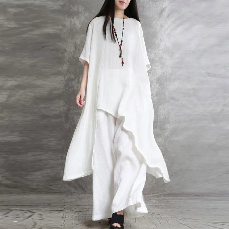 Women's Cotton Linen 2-piece Sets Large Size Casual Wear Sportswear Suit Short-Sleeved O-Neck Top Wide Leg Pants Suits For Women