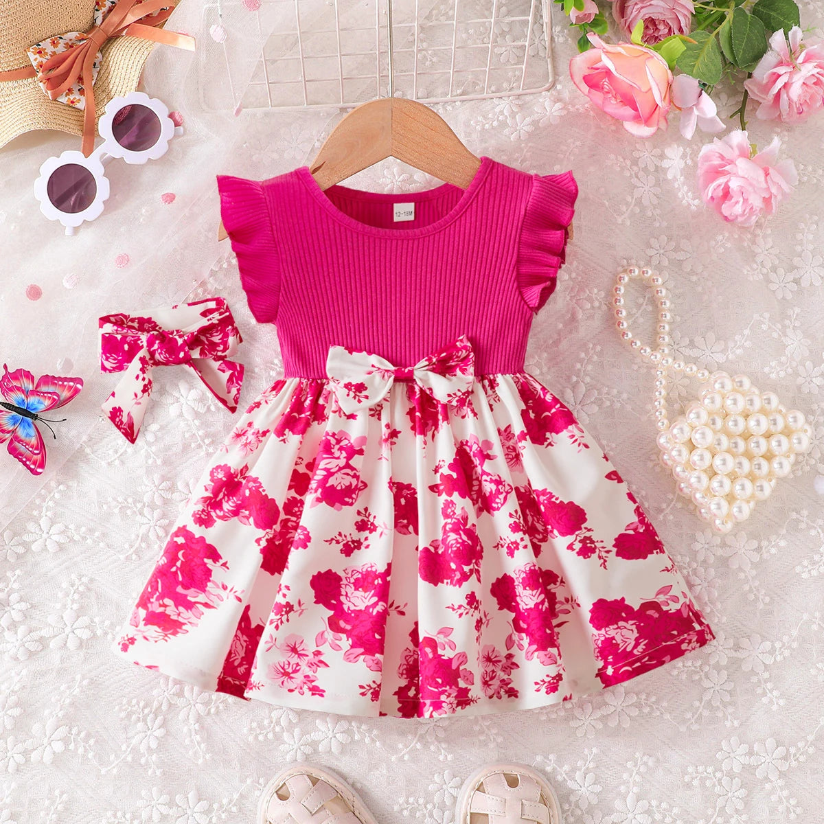 0-3 Years Baby Girl Clothes Summer Sleeveless Printed Dress Newborn Girl 1st Birthday Dress Ruffled Patchwork Dress and Headband