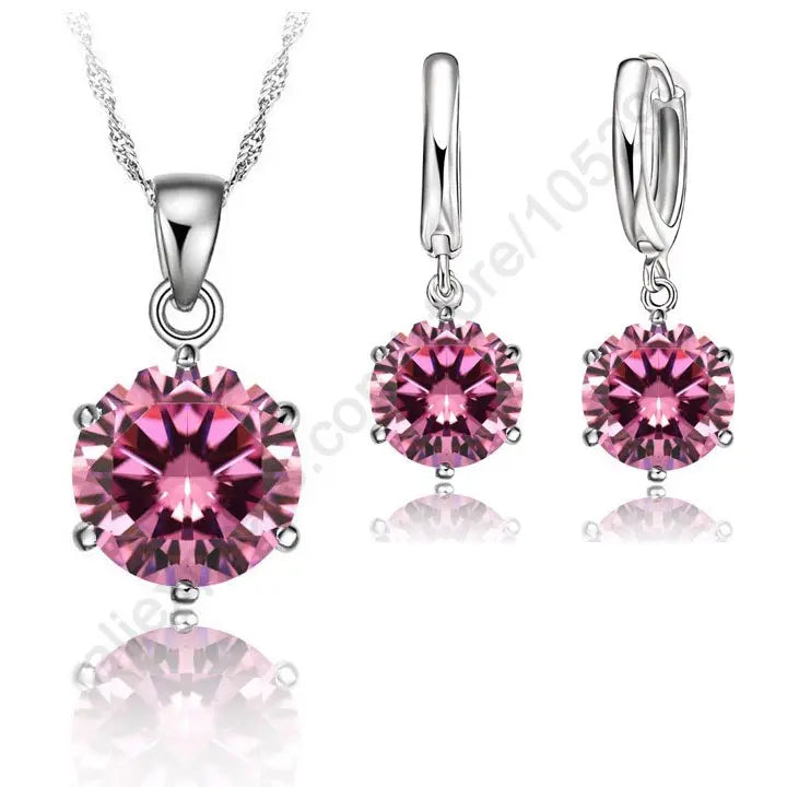 Woman Genuine 925 Sterling Silver Jewelry Sets Cubic Zircon Crystal Lever Back Earrings Pendant Necklace Nice Gifts 8MM Stone