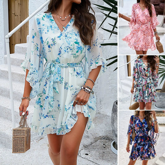 Women's clothing 2025 spring and summer new vacation casual printed lace-up chiffon dress