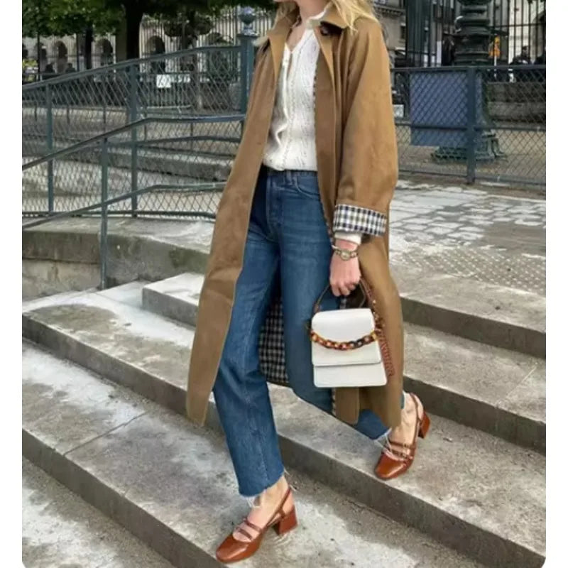 Women's clothing Long style Buttons Coat Outerwear New style Turn-down collar Loose fit Chic Commuter Trench coat Fashionable