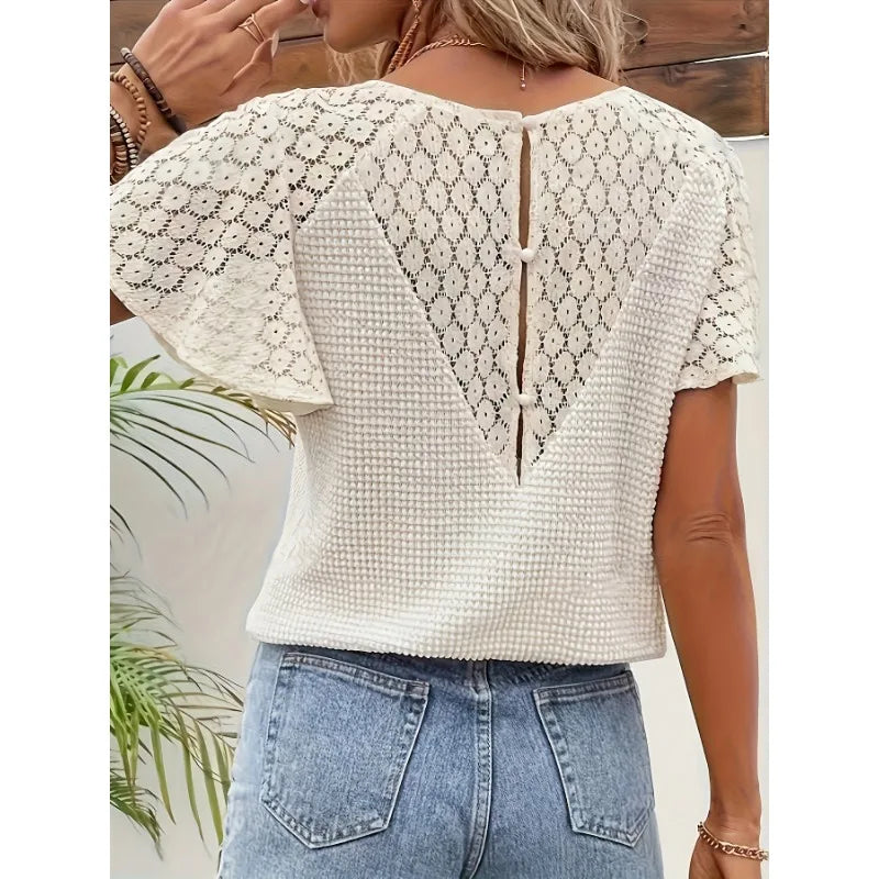Women's Clothing Elegant V-neck Lace Spliced Blouses Top Spring Summer Streetwear Female Flared Short Sleeves Sweater T-shirts