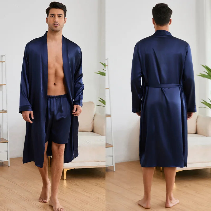 Men's Long Robe Pajama 2-Piece Set Silk Satin Kimono Bathrobe Gown Home Clothing Loose Casual Pijamas Suit Loungewear Sleepwear