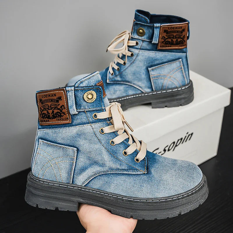Men's Shoes 2025 Style Height Increase Breathable Mid Top Shoe Fashion Denim Casual Versatile Workwear Shoes Casual Boots Shoes