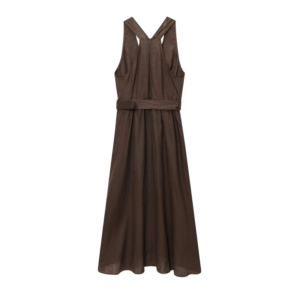 Women Dress 2025 New Fashion Summer   Linen V-neck A-Line Dresses for Women Casual Chic Ladies Midi Dress