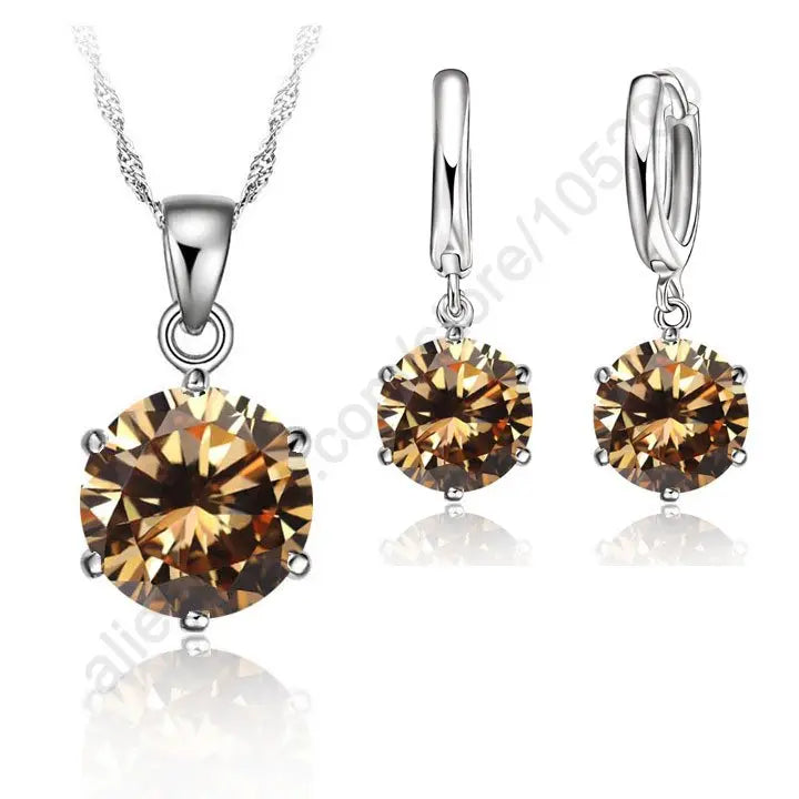 Woman Genuine 925 Sterling Silver Jewelry Sets Cubic Zircon Crystal Lever Back Earrings Pendant Necklace Nice Gifts 8MM Stone