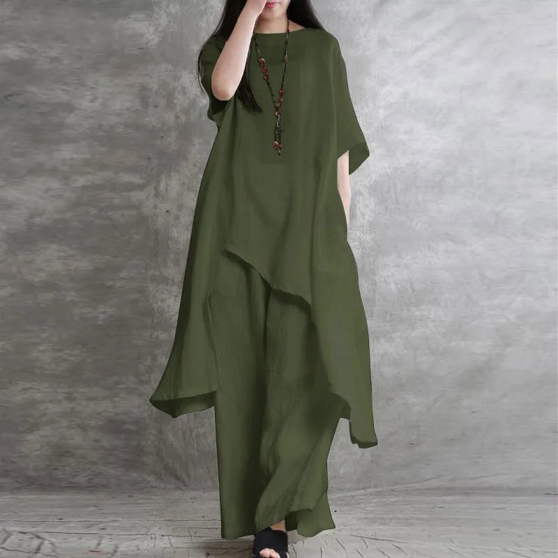 Women's Cotton Linen 2-piece Sets Large Size Casual Wear Sportswear Suit Short-Sleeved O-Neck Top Wide Leg Pants Suits For Women