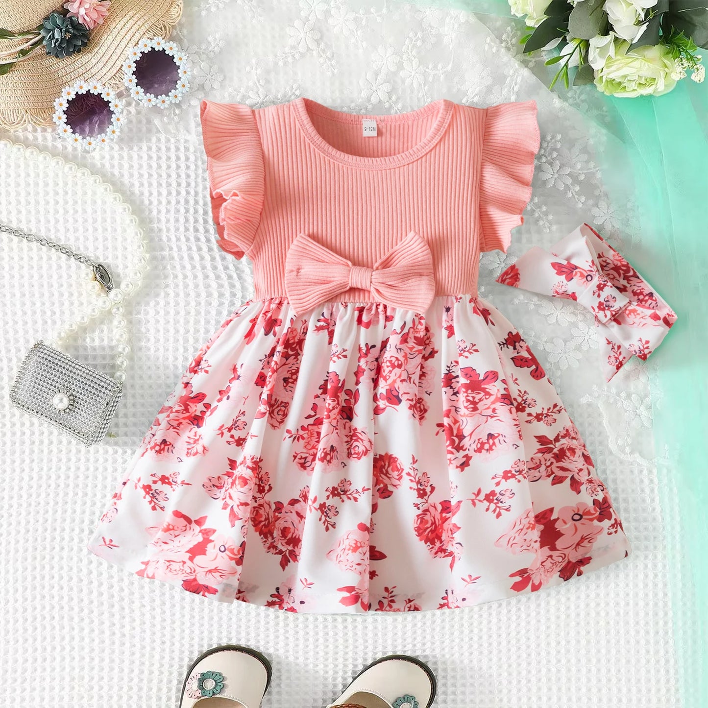0-3 Years Baby Girl Clothes Summer Sleeveless Printed Dress Newborn Girl 1st Birthday Dress Ruffled Patchwork Dress and Headband