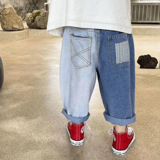 Spring Autumn Infant Baby Boys Denim Pant Cotton Irregular Pockets Toddler Kid Boy Jeans Casual Spliced Contrast Little Boy Pant